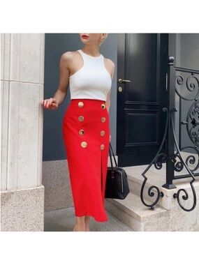 ZARA Red Gold Button Midi Skirt High Waist Slit Pencil Bodycon XS